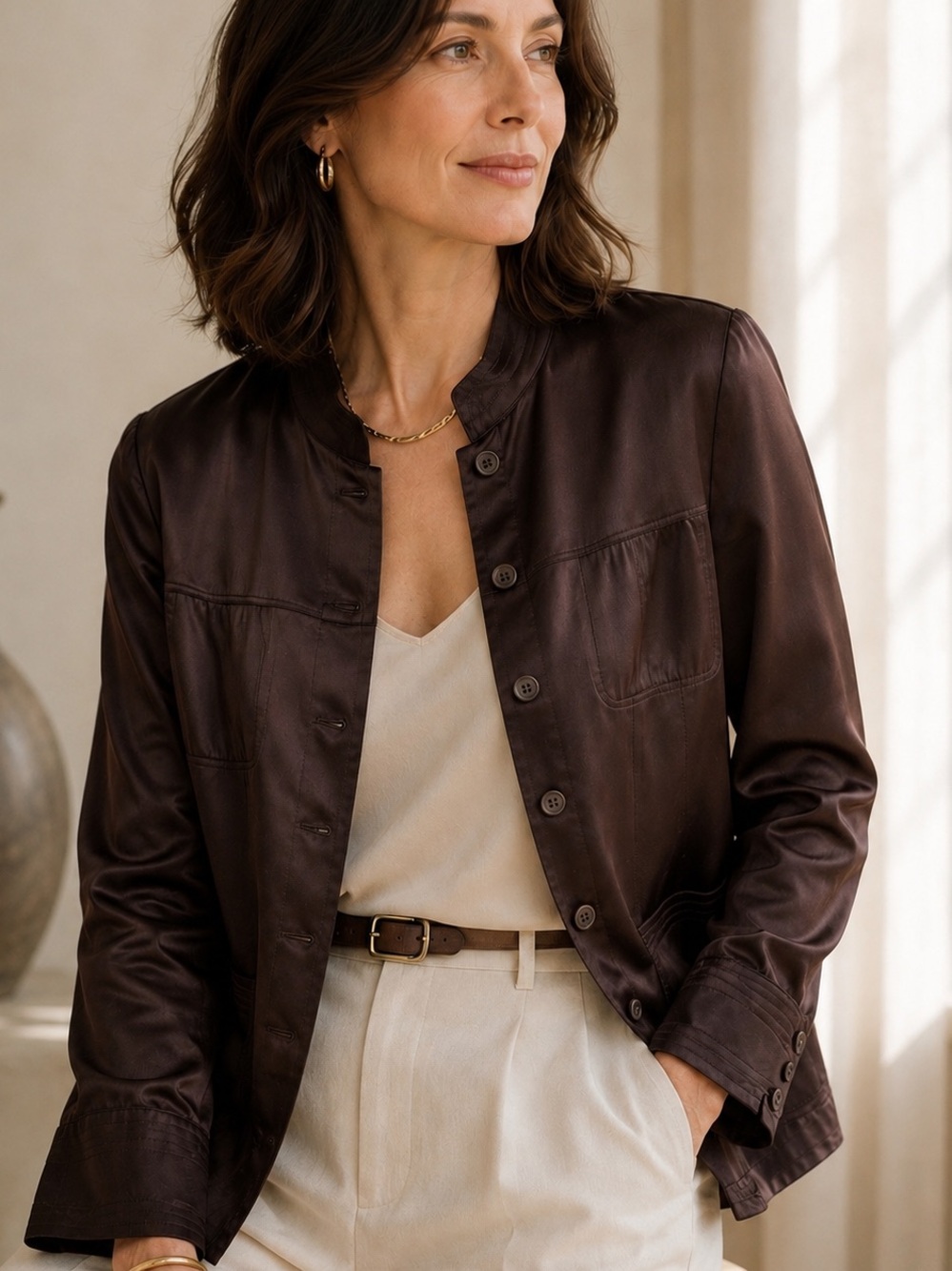 100% Silk Espresso Brown Collarless Jacket Blazer